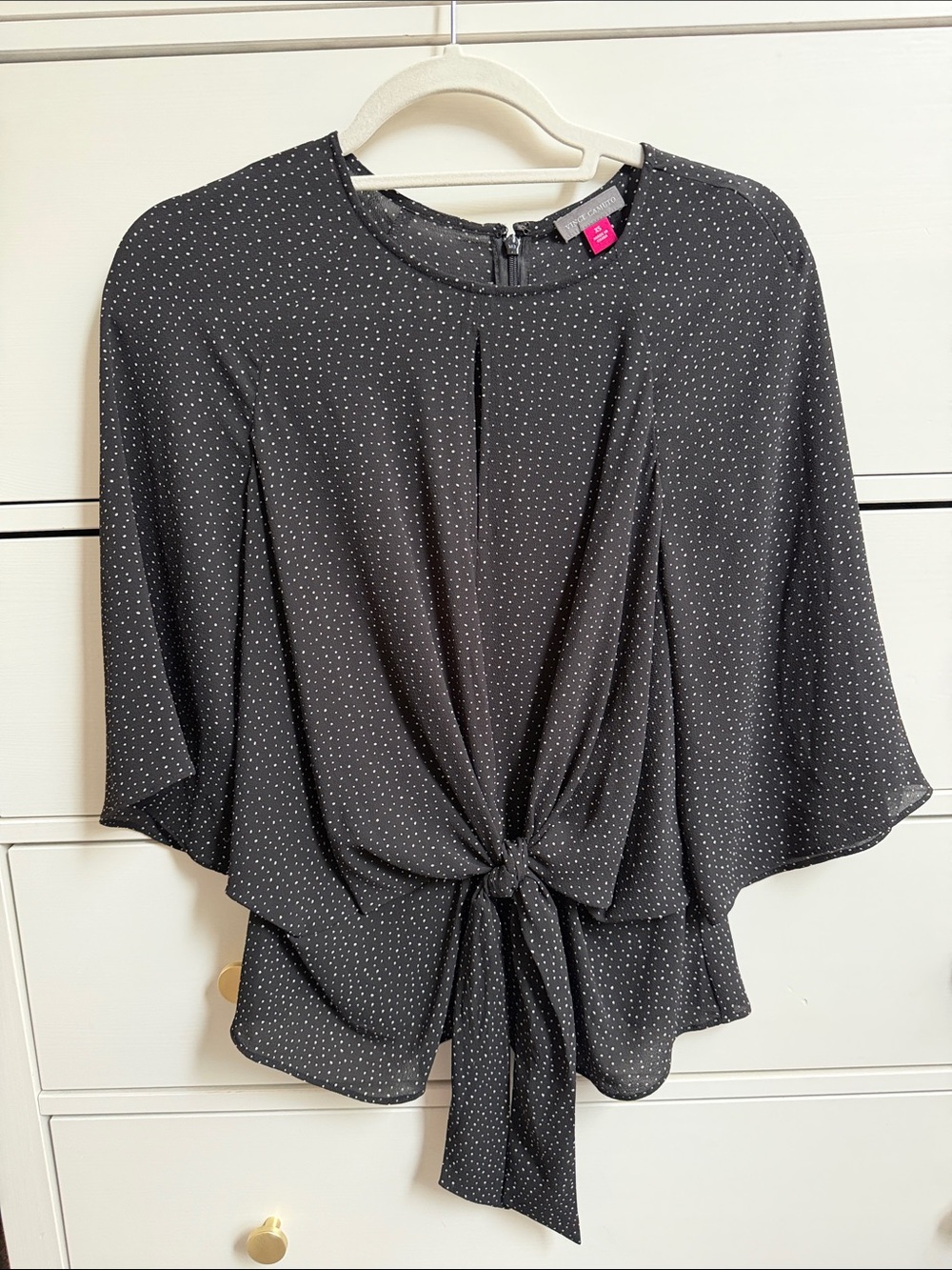 Vince Camuto Black Polka Dot Tie-Front Blouse